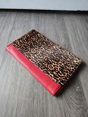 Mark & Graham Leopard Calf Hair Red Leather Foldover Clutch Gold Zipper